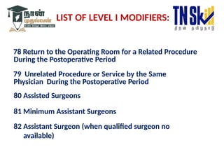 78 Return to the Operating Room for a Related Procedure
During the Postoperative Period
79 Unrelated Procedure or Service by the Same
Physician During the Postoperative Period
80 Assisted Surgeons
81 Minimum Assistant Surgeons
82 Assistant Surgeon (when qualified surgeon no
available)
LIST OF LEVEL I MODIFIERS:
 