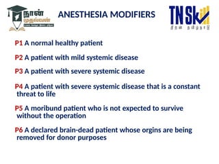 ANESTHESIA MODIFIERS
P1 A normal healthy patient
P2 A patient with mild systemic disease
P3 A patient with severe systemic disease
P4 A patient with severe systemic disease that is a constant
threat to life
P5 A moribund patient who is not expected to survive
without the operation
P6 A declared brain-dead patient whose orgins are being
removed for donor purposes
 