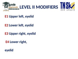 LEVEL II MODIFIERS
E1 Upper left, eyelid
E2 Lower left, eyelid
E3 Upper right, eyelid
E4 Lower right,
eyelid
 