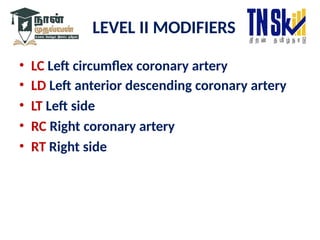 • LC Left circumflex coronary artery
• LD Left anterior descending coronary artery
• LT Left side
• RC Right coronary artery
• RT Right side
LEVEL II MODIFIERS
 