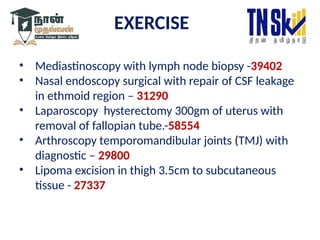 EXERCISE
• Mediastinoscopy with lymph node biopsy -39402
• Nasal endoscopy surgical with repair of CSF leakage
in ethmoid region – 31290
• Laparoscopy hysterectomy 300gm of uterus with
removal of fallopian tube.-58554
• Arthroscopy temporomandibular joints (TMJ) with
diagnostic – 29800
• Lipoma excision in thigh 3.5cm to subcutaneous
tissue - 27337
 