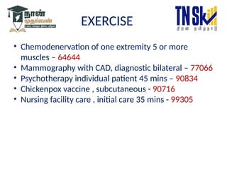 EXERCISE
• Chemodenervation of one extremity 5 or more
muscles – 64644
• Mammography with CAD, diagnostic bilateral – 77066
• Psychotherapy individual patient 45 mins – 90834
• Chickenpox vaccine , subcutaneous - 90716
• Nursing facility care , initial care 35 mins - 99305
 