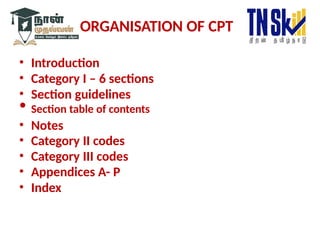 ORGANISATION OF CPT
• Introduction
• Category I – 6 sections
• Section guidelines
• Section table of contents
• Notes
• Category II codes
• Category III codes
• Appendices A- P
• Index
 