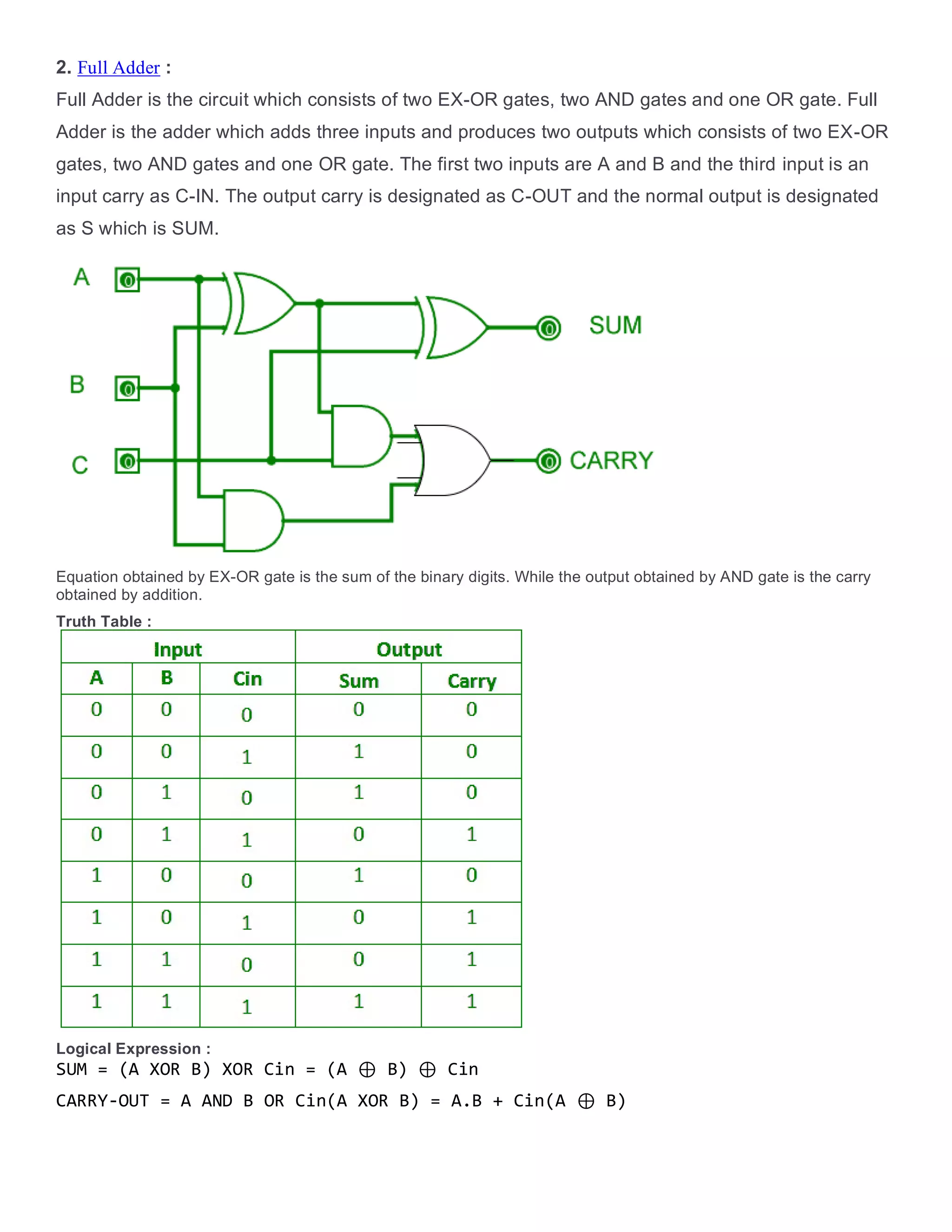 2. Full Adder :
Full Adder is the circuit which consists of two EX-OR gates, two AND gates and one OR gate. Full
Adder is the adder which adds three inputs and produces two outputs which consists of two EX-OR
gates, two AND gates and one OR gate. The first two inputs are A and B and the third input is an
input carry as C-IN. The output carry is designated as C-OUT and the normal output is designated
as S which is SUM.
Equation obtained by EX-OR gate is the sum of the binary digits. While the output obtained by AND gate is the carry
obtained by addition.
Truth Table :
Logical Expression :
SUM = (A XOR B) XOR Cin = (A &oplus; B) &oplus; Cin
CARRY-OUT = A AND B OR Cin(A XOR B) = A.B + Cin(A &oplus; B)
 