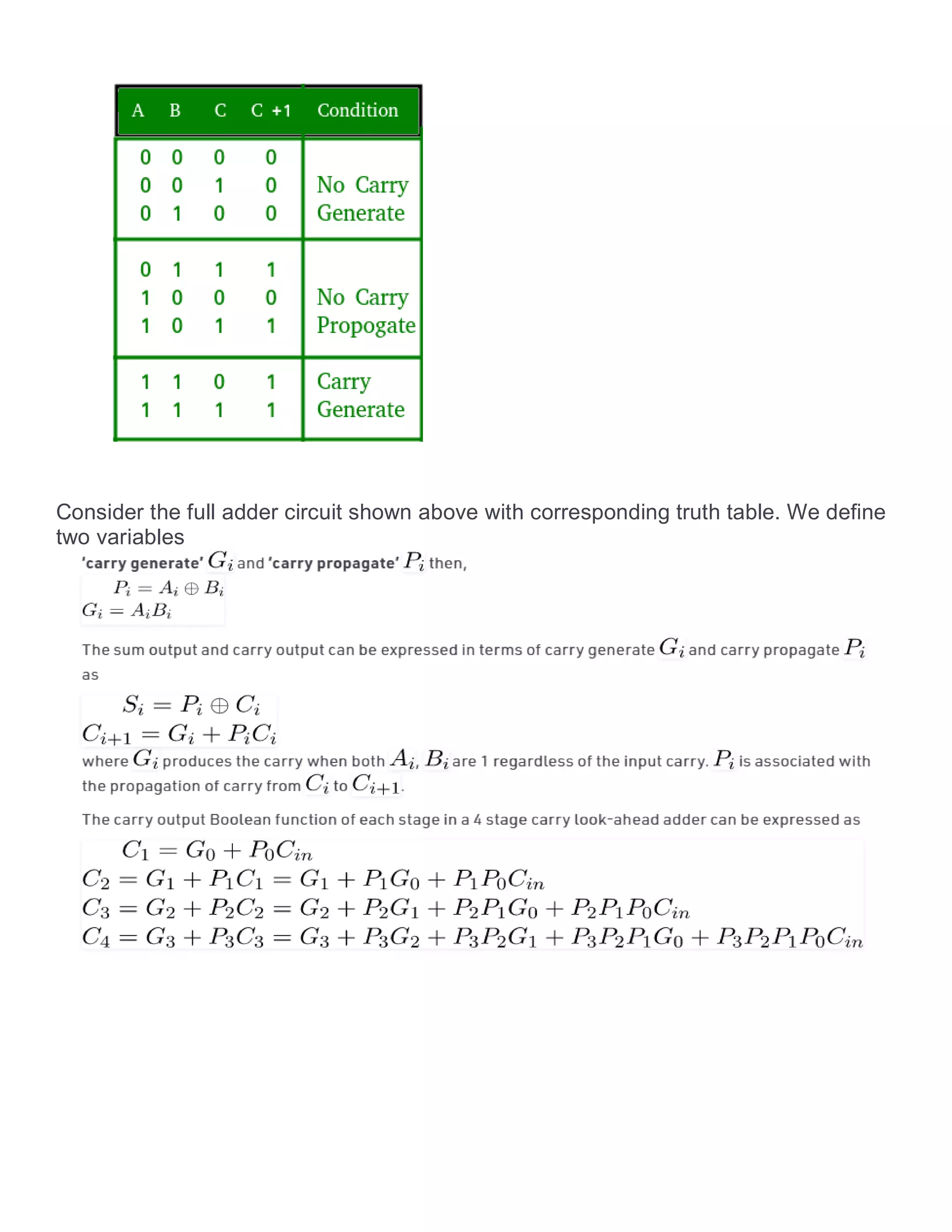Consider the full adder circuit shown above with corresponding truth table. We define
two variables
 