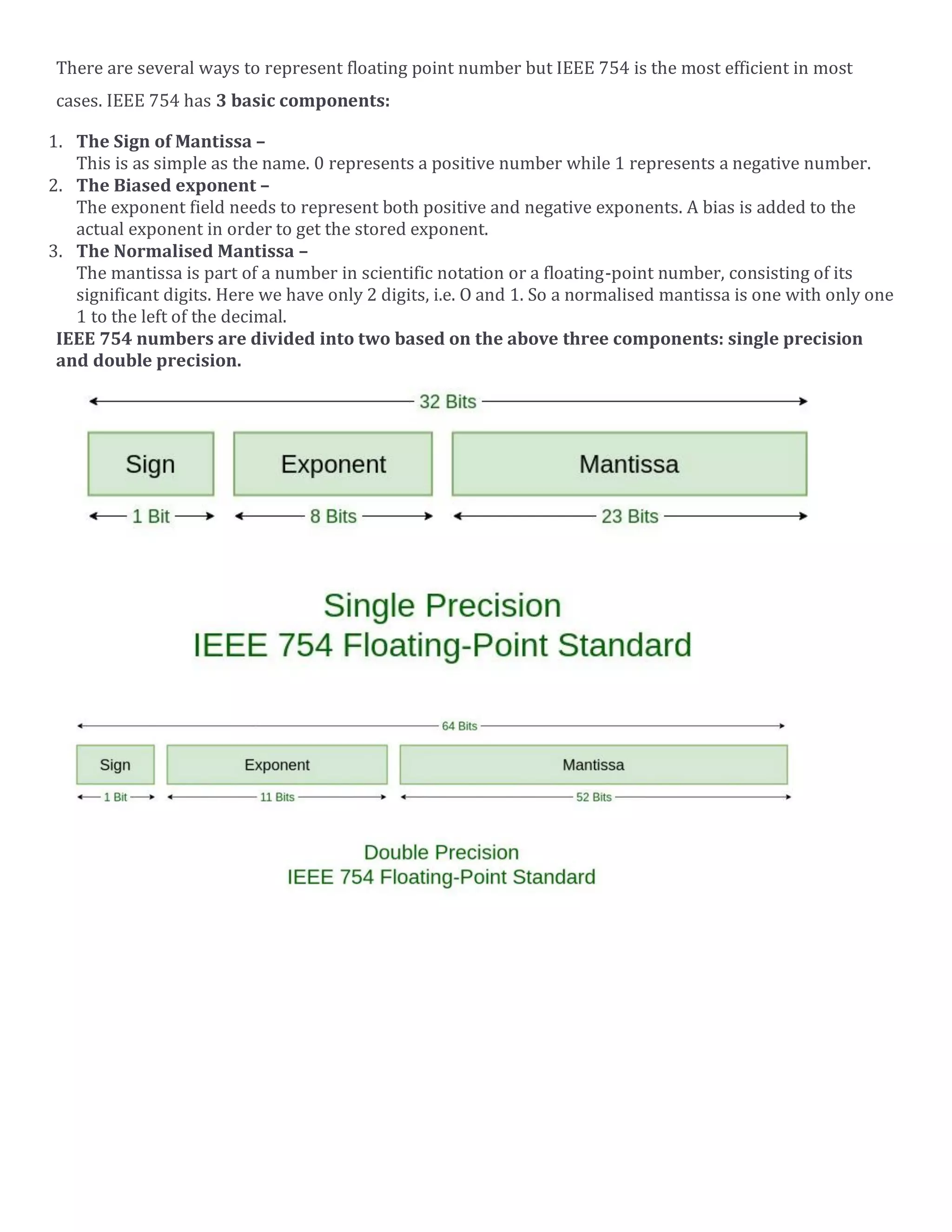 There are several ways to represent floating point number but IEEE 754 is the most efficient in most
cases. IEEE 754 has 3 basic components:
1. The Sign of Mantissa &ndash;
This is as simple as the name. 0 represents a positive number while 1 represents a negative number.
2. The Biased exponent &ndash;
The exponent field needs to represent both positive and negative exponents. A bias is added to the
actual exponent in order to get the stored exponent.
3. The Normalised Mantissa &ndash;
The mantissa is part of a number in scientific notation or a floating-point number, consisting of its
significant digits. Here we have only 2 digits, i.e. O and 1. So a normalised mantissa is one with only one
1 to the left of the decimal.
IEEE 754 numbers are divided into two based on the above three components: single precision
and double precision.
 