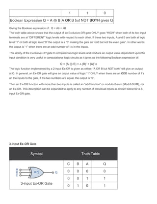 1 1 0
Boolean Expression Q = A ⊕ B A OR B but NOT BOTH gives Q
Giving the Boolean expression of: Q = AB + AB
The truth table above shows that the output of an Exclusive-OR gate ONLY goes “HIGH” when both of its two input
terminals are at “DIFFERENT” logic levels with respect to each other. If these two inputs, A and B are both at logic
level “1” or both at logic level “0” the output is a “0” making the gate an “odd but not the even gate”. In other words,
the output is “1” when there are an odd number of 1’s in the inputs.
This ability of the Exclusive-OR gate to compare two logic levels and produce an output value dependent upon the
input condition is very useful in computational logic circuits as it gives us the following Boolean expression of:
Q = (A ⊕ B) = A.(B)’ + (A)’.B
The logic function implemented by a 2-input Ex-OR is given as either: “A OR B but NOT both” will give an output
at Q. In general, an Ex-OR gate will give an output value of logic “1” ONLY when there are an ODD number of 1’s
on the inputs to the gate, if the two numbers are equal, the output is “0”.
Then an Ex-OR function with more than two inputs is called an “odd function” or modulo-2-sum (Mod-2-SUM), not
an Ex-OR. This description can be expanded to apply to any number of individual inputs as shown below for a 3-
input Ex-OR gate.
3-input Ex-OR Gate
Symbol Truth Table
3-input Ex-OR Gate
C B A Q
0 0 0 0
0 0 1 1
0 1 0 1
 