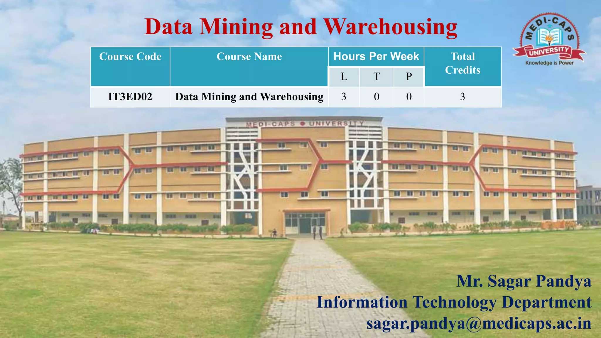Data Mining and Warehousing
Mr. Sagar Pandya
Information Technology Department
sagar.pandya@medicaps.ac.in
Course Code Course Name Hours Per Week Total
Credits
L T P
IT3ED02 Data Mining and Warehousing 3 0 0 3
 