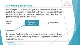 Data Mining Techniques
Mr. Sagar Pandya
sagar.pandya@medicaps.ac.in
 For example, if the sales manager of a supermarket would like to
predict the amount of revenue that each item would generate based
on past sales data. It models a continuous valued function that
predicts missing numeric data values.
 Regression Analysis is the best choice to perform prediction. It can
be used to set a relationship between independent variables and
dependent variables.
 