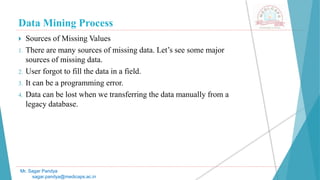 Data Mining Process
Mr. Sagar Pandya
sagar.pandya@medicaps.ac.in
 Sources of Missing Values
1. There are many sources of missing data. Let’s see some major
sources of missing data.
2. User forgot to fill the data in a field.
3. It can be a programming error.
4. Data can be lost when we transferring the data manually from a
legacy database.
 