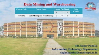 Data Mining and Warehousing
Mr. Sagar Pandya
Information Technology Department
sagar.pandya@medicaps.ac.in
Course Code Course Name Hours Per Week Total
Credits
L T P
IT3ED02 Data Mining and Warehousing 3 0 0 3
 