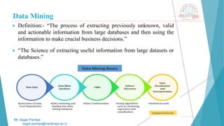 Data Mining
 Definition:- “The process of extracting previously unknown, valid
and actionable information from large databases and then using the
information to make crucial business decisions.”
 “The Science of extracting useful information from large datasets or
databases.”
Mr. Sagar Pandya
sagar.pandya@medicaps.ac.in
 