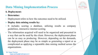 Data Mining Implementation Process
Mr. Sagar Pandya
sagar.pandya@medicaps.ac.in
6. Deployment:
 Determine:
• Deployment refers to how the outcomes need to be utilized.
 Deploy data mining results by:
• It includes scoring a database, utilizing results as company
guidelines, interactive internet scoring.
• The information acquired will need to be organized and presented in
a way that can be used by the client. However, the deployment phase
can be as easy as producing. However, depending on the demands,
the deployment phase may be as simple as generating a report or as
complicated as applying a repeatable data mining method across the
organizations.
 