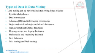 Types of Data in Data Mining
 Data mining can be performed on following types of data:-
1. Relational databases
2. Data warehouses
3. Advanced DB and information repositories
4. Object-oriented and object-relational databases
5. Transactional and Spatial databases
6. Heterogeneous and legacy databases
7. Multimedia and streaming database
8. Text databases
9. Text mining and Web mining
Mr. Sagar Pandya
sagar.pandya@medicaps.ac.in
 