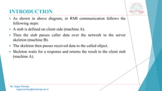 INTRODUCTION
 As shown in above diagram, in RMI communication follows the
following steps:
 A stub is defined on client side (machine A).
 Then the stub passes caller data over the network to the server
skeleton (machine B).
 The skeleton then passes received data to the called object.
 Skeleton waits for a response and returns the result to the client stub
(machine A).
Mr. Sagar Pandya
sagar.pandya@medicaps.ac.in
 