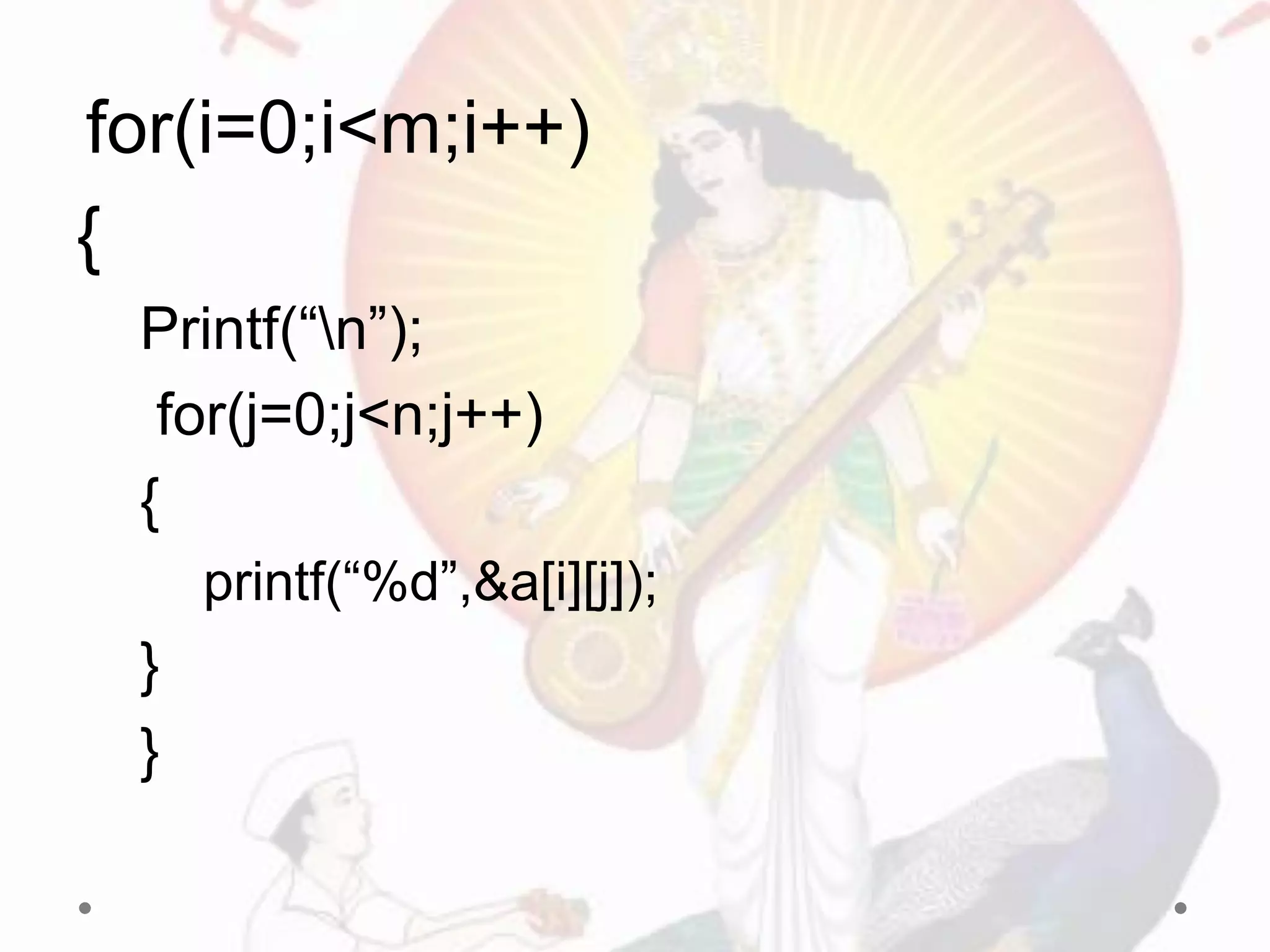 for(i=0;i<m;i++)
{
Printf(“n”);
for(j=0;j<n;j++)
{
printf(“%d”,&a[i][j]);
}
}
 