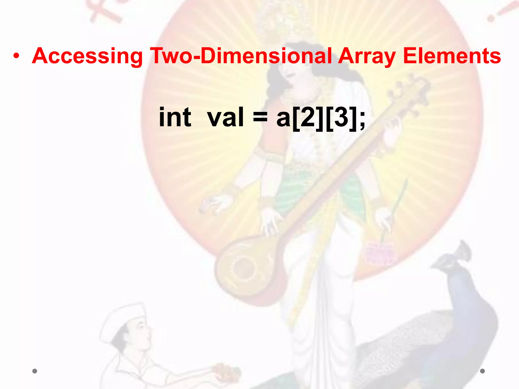 • Accessing Two-Dimensional Array Elements
int val = a[2][3];
 