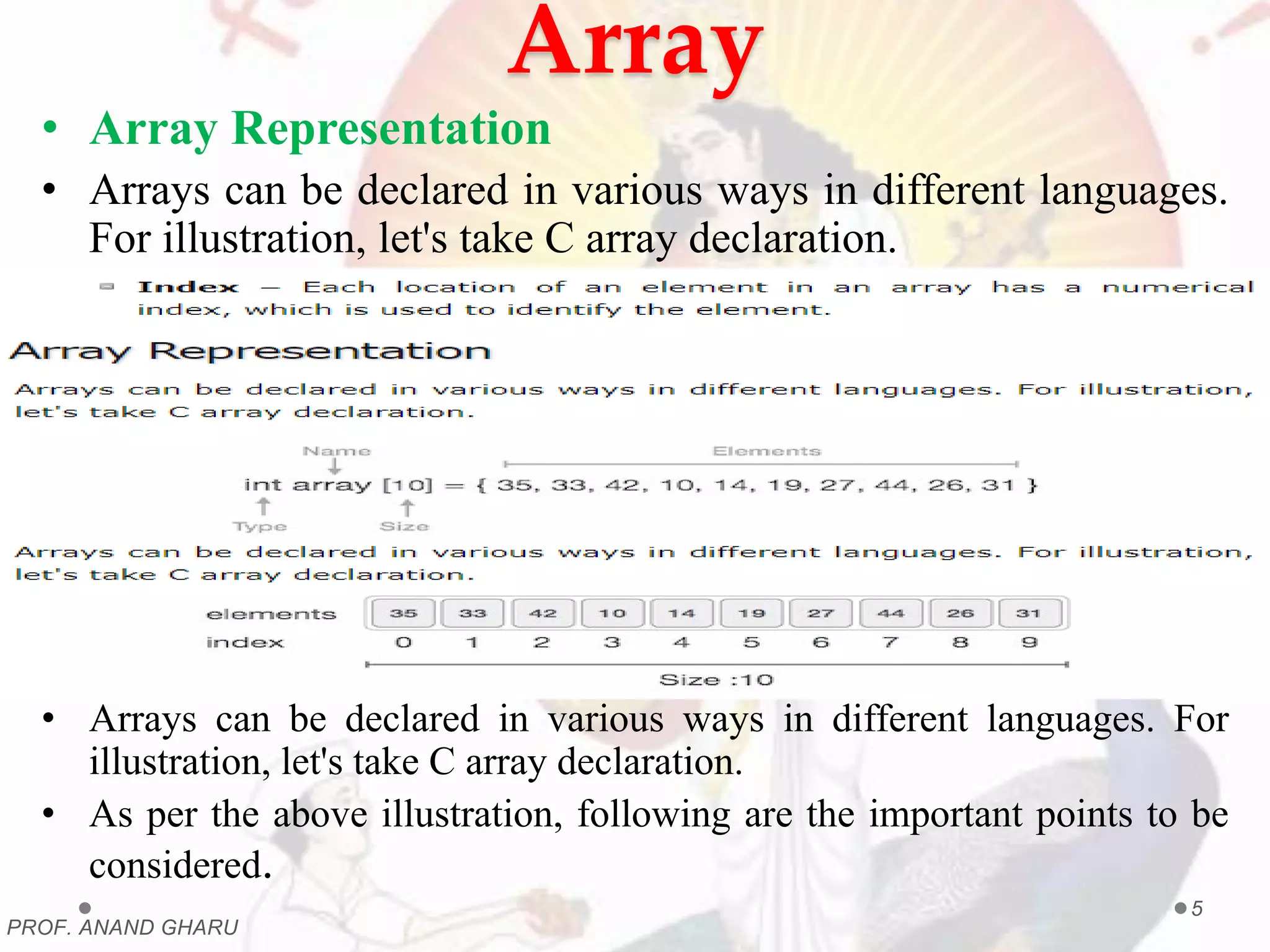 Array
• Array Representation
• Arrays can be declared in various ways in different languages.
For illustration, let's take C array declaration.
• Arrays can be declared in various ways in different languages. For
illustration, let's take C array declaration.
• As per the above illustration, following are the important points to be
considered.
PROF. ANAND GHARU
5
 