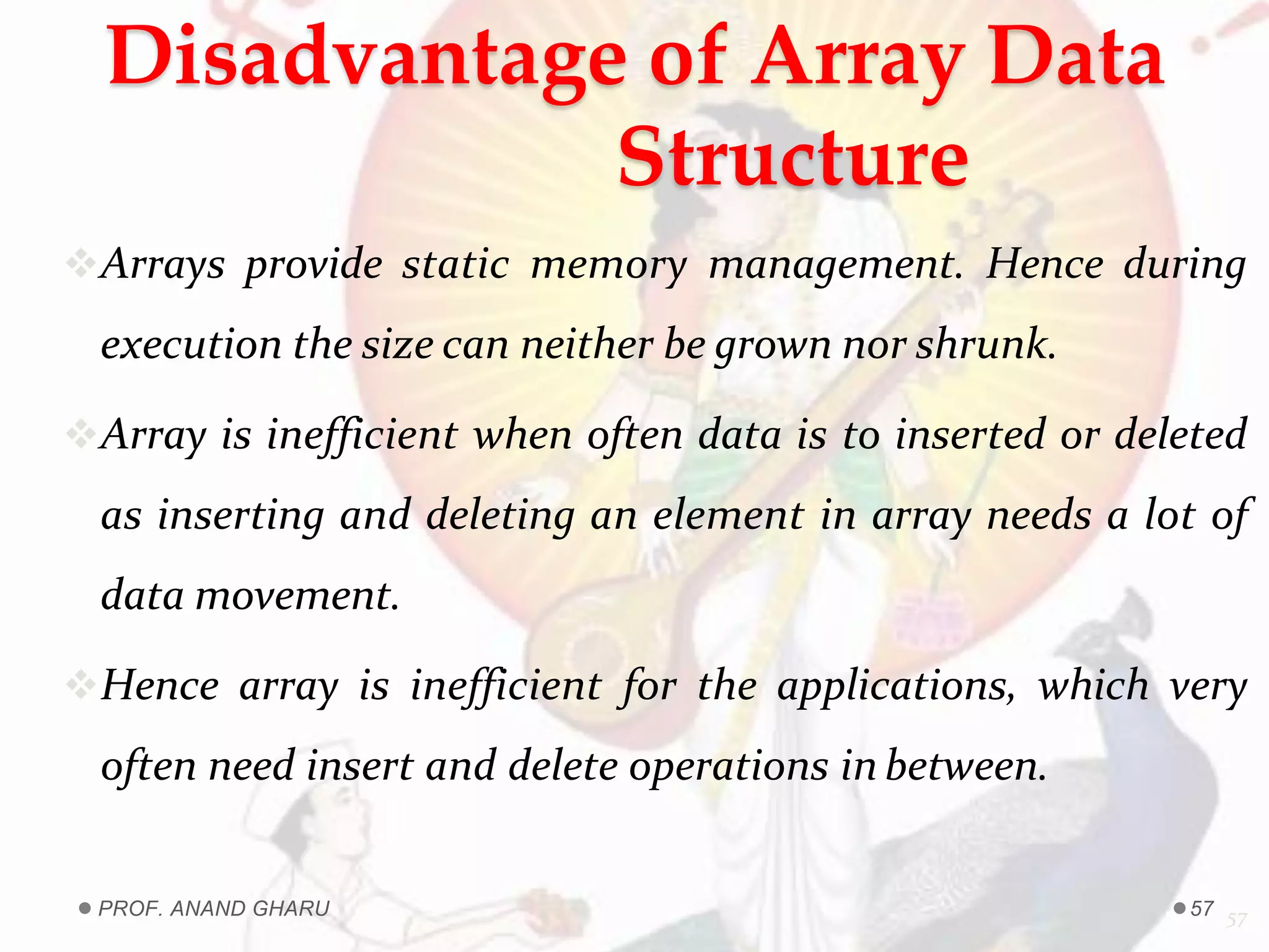 Disadvantage of Array Data
Structure
Arrays provide static memory management. Hence during
execution the size can neither be grown nor shrunk.
Array is inefficient when often data is to inserted or deleted
as inserting and deleting an element in array needs a lot of
data movement.
Hence array is inefficient for the applications, which very
often need insert and delete operations in between.
57PROF. ANAND GHARU 57
 