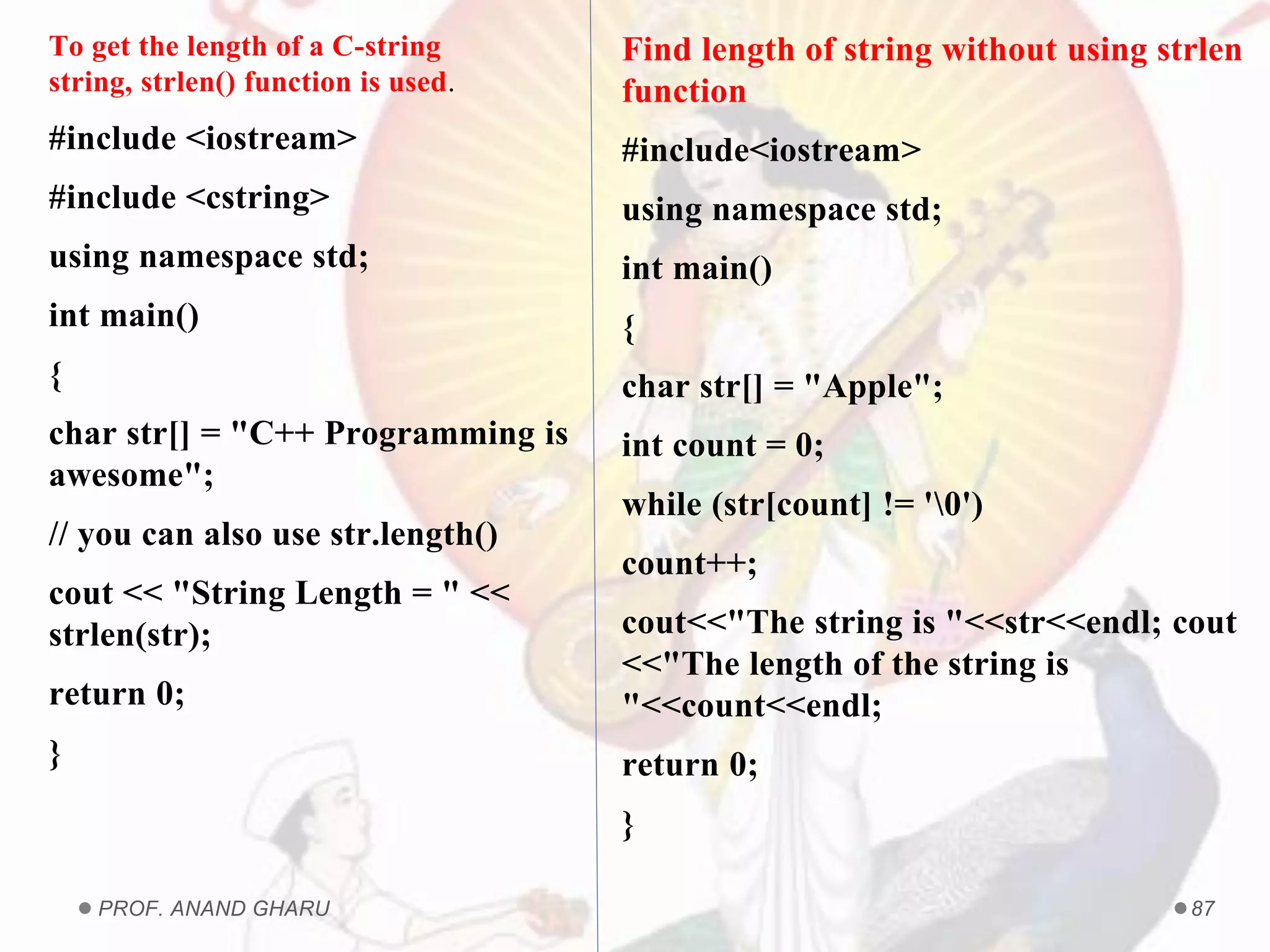 PROF. ANAND GHARU 87
To get the length of a C-string
string, strlen() function is used.
#include <iostream>
#include <cstring>
using namespace std;
int main()
{
char str[] = "C++ Programming is
awesome";
// you can also use str.length()
cout << "String Length = " <<
strlen(str);
return 0;
}
Find length of string without using strlen
function
#include<iostream>
using namespace std;
int main()
{
char str[] = "Apple";
int count = 0;
while (str[count] != '0')
count++;
cout<<"The string is "<<str<<endl; cout
<<"The length of the string is
"<<count<<endl;
return 0;
}
 