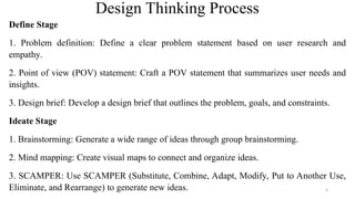 Design Thinking Process
Define Stage
1. Problem definition: Define a clear problem statement based on user research and
empathy.
2. Point of view (POV) statement: Craft a POV statement that summarizes user needs and
insights.
3. Design brief: Develop a design brief that outlines the problem, goals, and constraints.
Ideate Stage
1. Brainstorming: Generate a wide range of ideas through group brainstorming.
2. Mind mapping: Create visual maps to connect and organize ideas.
3. SCAMPER: Use SCAMPER (Substitute, Combine, Adapt, Modify, Put to Another Use,
Eliminate, and Rearrange) to generate new ideas. 4
 