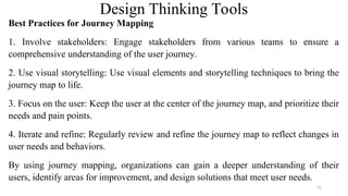 Design Thinking Tools
Best Practices for Journey Mapping
1. Involve stakeholders: Engage stakeholders from various teams to ensure a
comprehensive understanding of the user journey.
2. Use visual storytelling: Use visual elements and storytelling techniques to bring the
journey map to life.
3. Focus on the user: Keep the user at the center of the journey map, and prioritize their
needs and pain points.
4. Iterate and refine: Regularly review and refine the journey map to reflect changes in
user needs and behaviors.
By using journey mapping, organizations can gain a deeper understanding of their
users, identify areas for improvement, and design solutions that meet user needs.
41
 