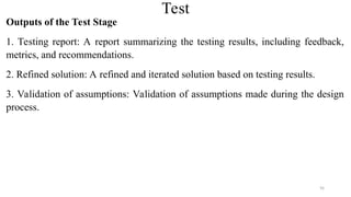Test
Outputs of the Test Stage
1. Testing report: A report summarizing the testing results, including feedback,
metrics, and recommendations.
2. Refined solution: A refined and iterated solution based on testing results.
3. Validation of assumptions: Validation of assumptions made during the design
process.
95
 