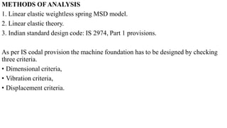 METHODS OFANALYSIS
1. Linear elastic weightless spring MSD model.
2. Linear elastic theory.
3. Indian standard design code: IS 2974, Part 1 provisions.
As per IS codal provision the machine foundation has to be designed by checking
three criteria.
• Dimensional criteria,
• Vibration criteria,
• Displacement criteria.
 
