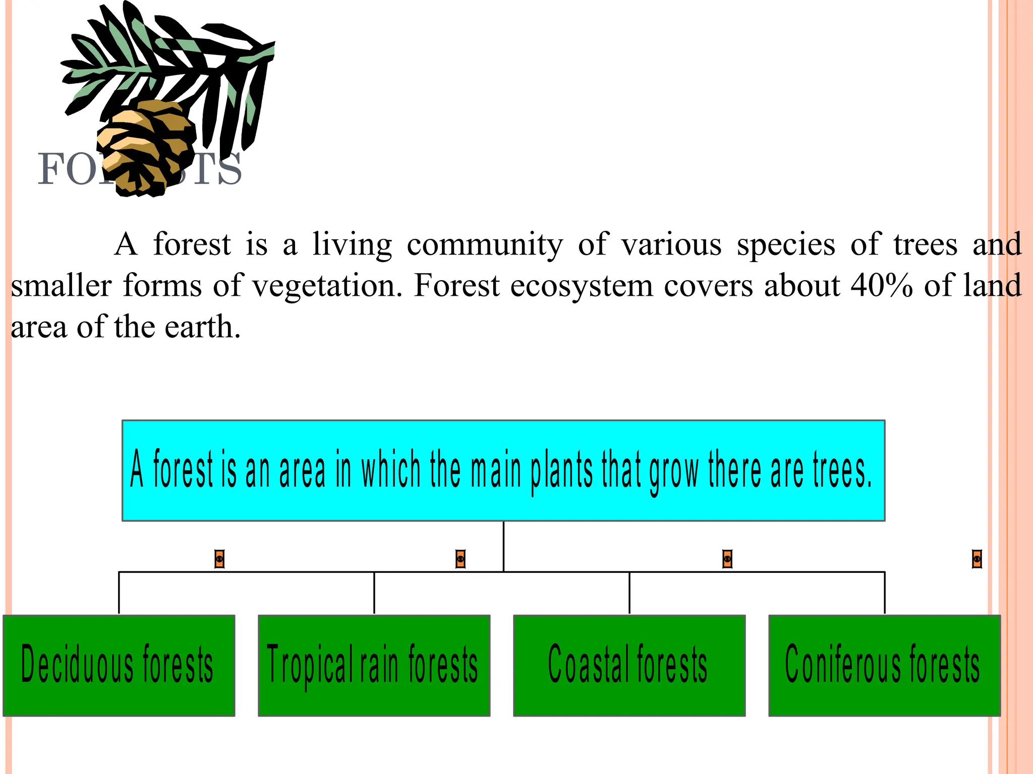 FORESTS
Deciduous forests Tropicalrain forests Coastalforests Coniferous forests
A forest is an area in which the main plants that grow there are trees.
A forest is a living community of various species of trees and
smaller forms of vegetation. Forest ecosystem covers about 40% of land
area of the earth.
 