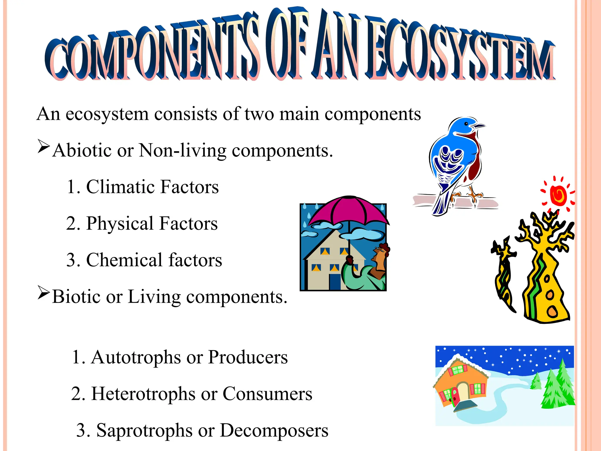 An ecosystem consists of two main components
Abiotic or Non-living components.
1. Climatic Factors
2. Physical Factors
3. Chemical factors
Biotic or Living components.
1. Autotrophs or Producers
2. Heterotrophs or Consumers
3. Saprotrophs or Decomposers
 