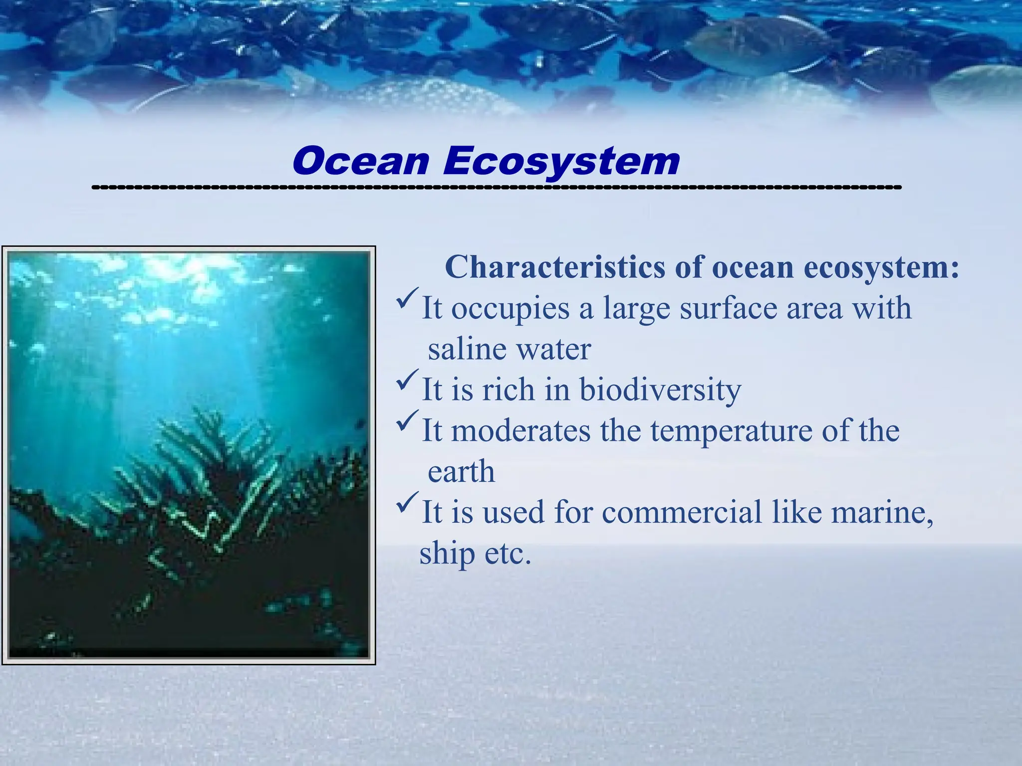 Characteristics of ocean ecosystem:
It occupies a large surface area with
saline water
It is rich in biodiversity
It moderates the temperature of the
earth
It is used for commercial like marine,
ship etc.
Ocean Ecosystem
 