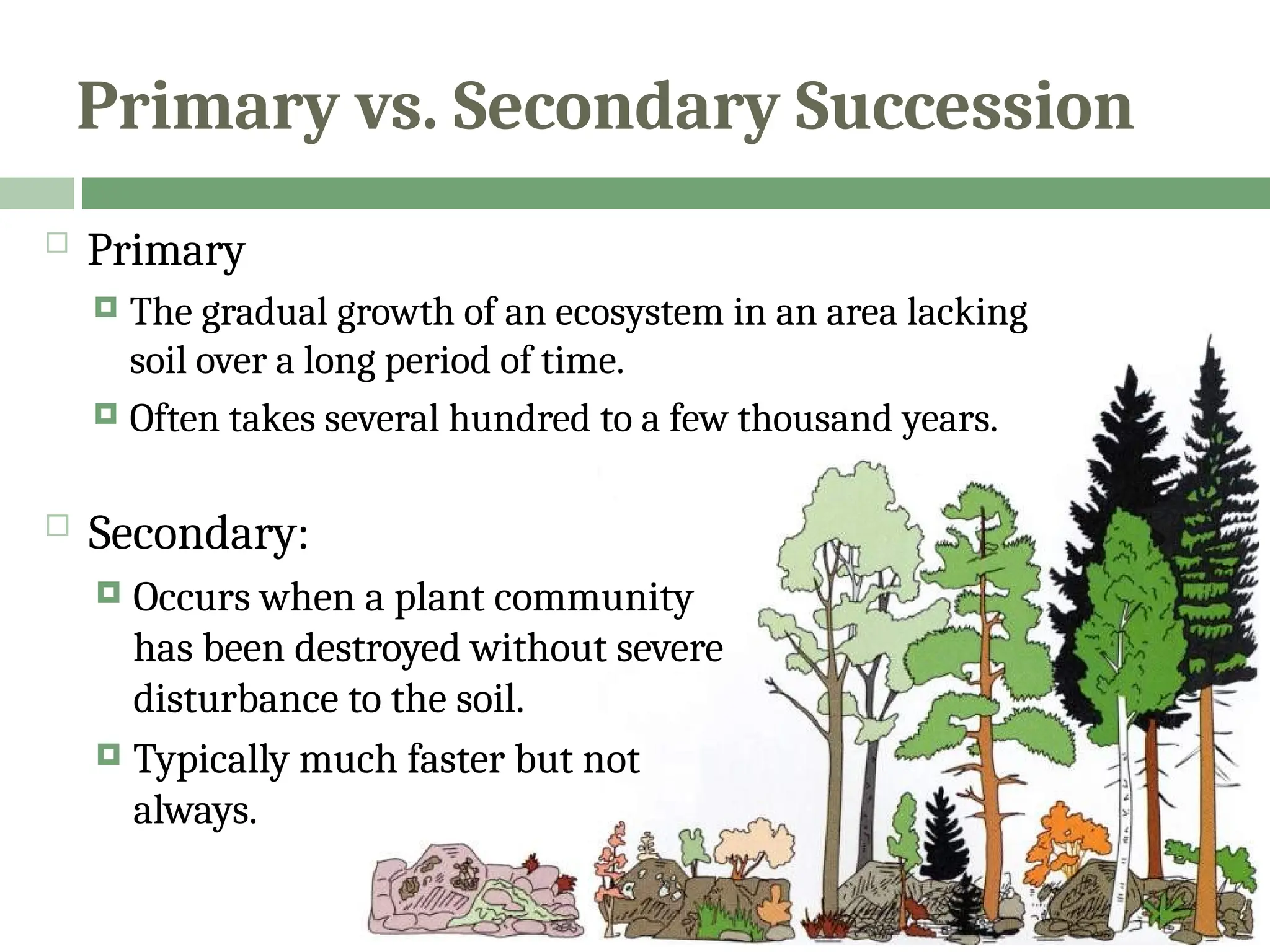 Primary vs. Secondary Succession
 Primary
 The gradual growth of an ecosystem in an area lacking
soil over a long period of time.
 Often takes several hundred to a few thousand years.
 Secondary:
 Occurs when a plant community
has been destroyed without severe
disturbance to the soil.
 Typically much faster but not
always.
 