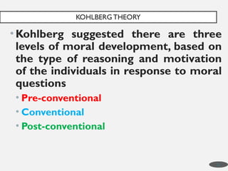 • Kohlberg suggested there are three
levels of moral development, based on
the type of reasoning and motivation
of the individuals in response to moral
questions
• Pre-conventional
• Conventional
• Post-conventional
KOHLBERG THEORY
22
 