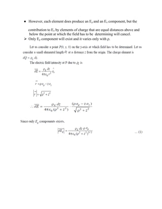 ● However, each element does produce an Eρ and an Ez component, but the
contribution to Ez by elements of charge that are equal distances above and
below the point at which the field has to be determining will cancel.
⮚ Only Eρ component will exist and it varies only with ρ.
 