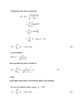 From the figure ,
Hence equation (6) can be rewritten as
CASE:
ELECTRIC FIELD DUE TO INFINITE SHEET OF CHARGE
 