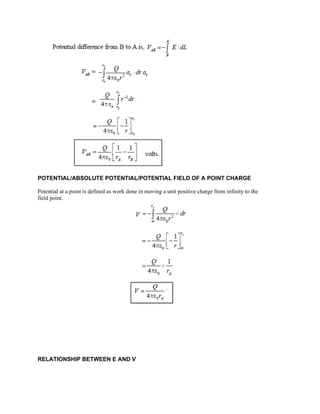 POTENTIAL/ABSOLUTE POTENTIAL/POTENTIAL FIELD OF A POINT CHARGE
Potential at a point is defined as work done in moving a unit positive charge from infinity to the
field point.
RELATIONSHIP BETWEEN E AND V
 