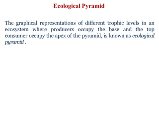 Ecological Pyramid
The graphical representations of different trophic levels in an
ecosystem where producers occupy the base and the top
consumer occupy the apex of the pyramid, is known as ecological
pyramid .
 