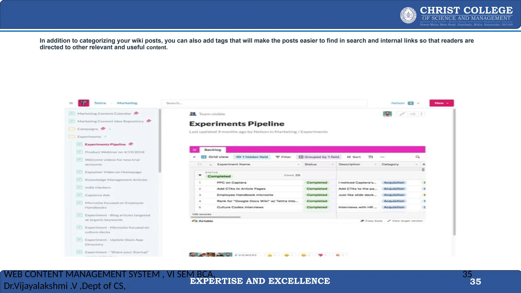 EXPERTISE AND EXCELLENCE 35
In addition to categorizing your wiki posts, you can also add tags that will make the posts easier to find in search and internal links so that readers are
directed to other relevant and useful content.
WEB CONTENT MANAGEMENT SYSTEM , VI SEM BCA,
Dr.Vijayalakshmi .V ,Dept of CS,
35
 