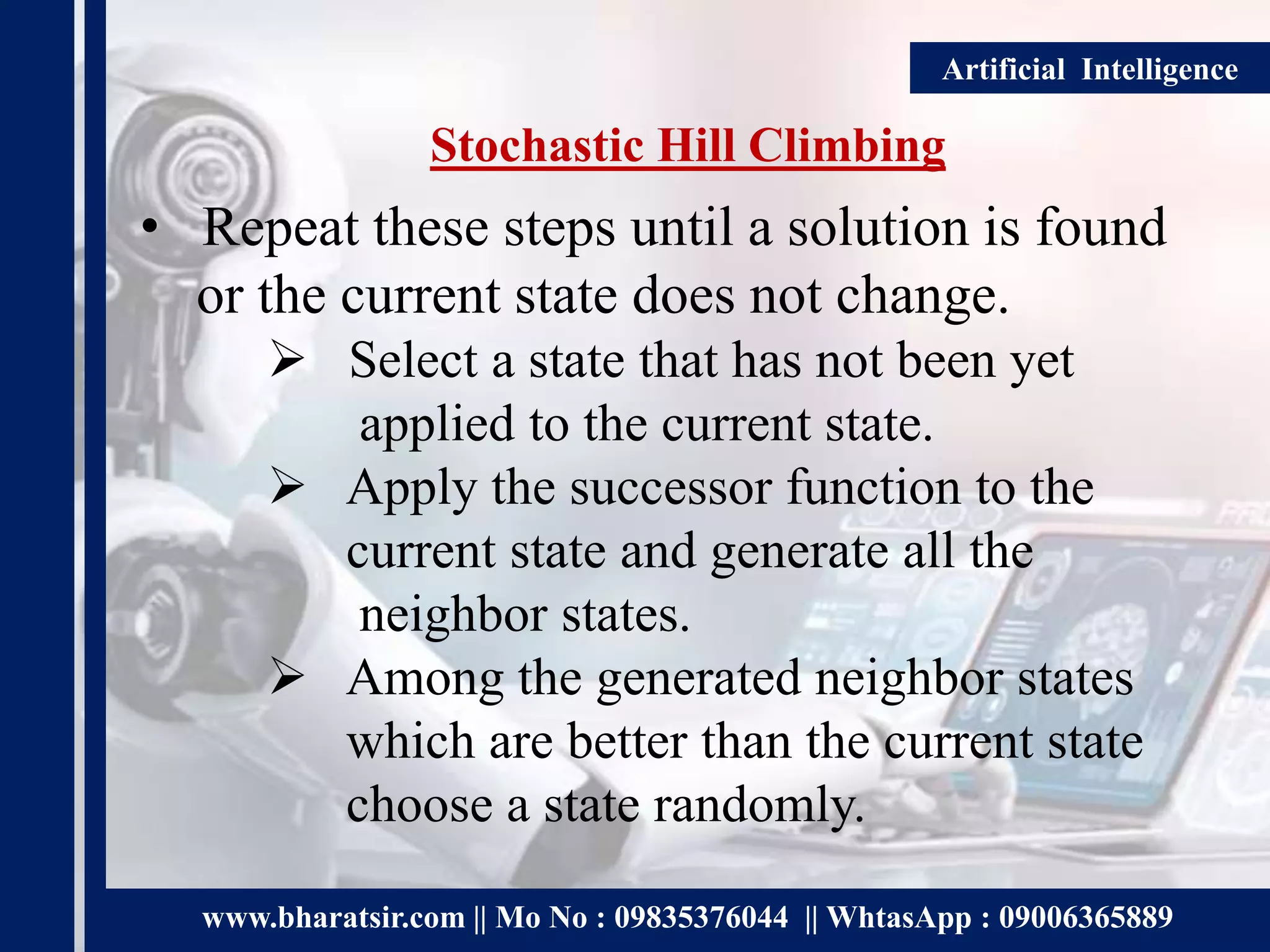 www.bharatsir.com || Mo No : 09835376044 || WhtasApp : 09006365889
Artificial Intelligence
Stochastic Hill Climbing
• Repeat these steps until a solution is found
or the current state does not change.
 Select a state that has not been yet
applied to the current state.
 Apply the successor function to the
current state and generate all the
neighbor states.
 Among the generated neighbor states
which are better than the current state
choose a state randomly.
 