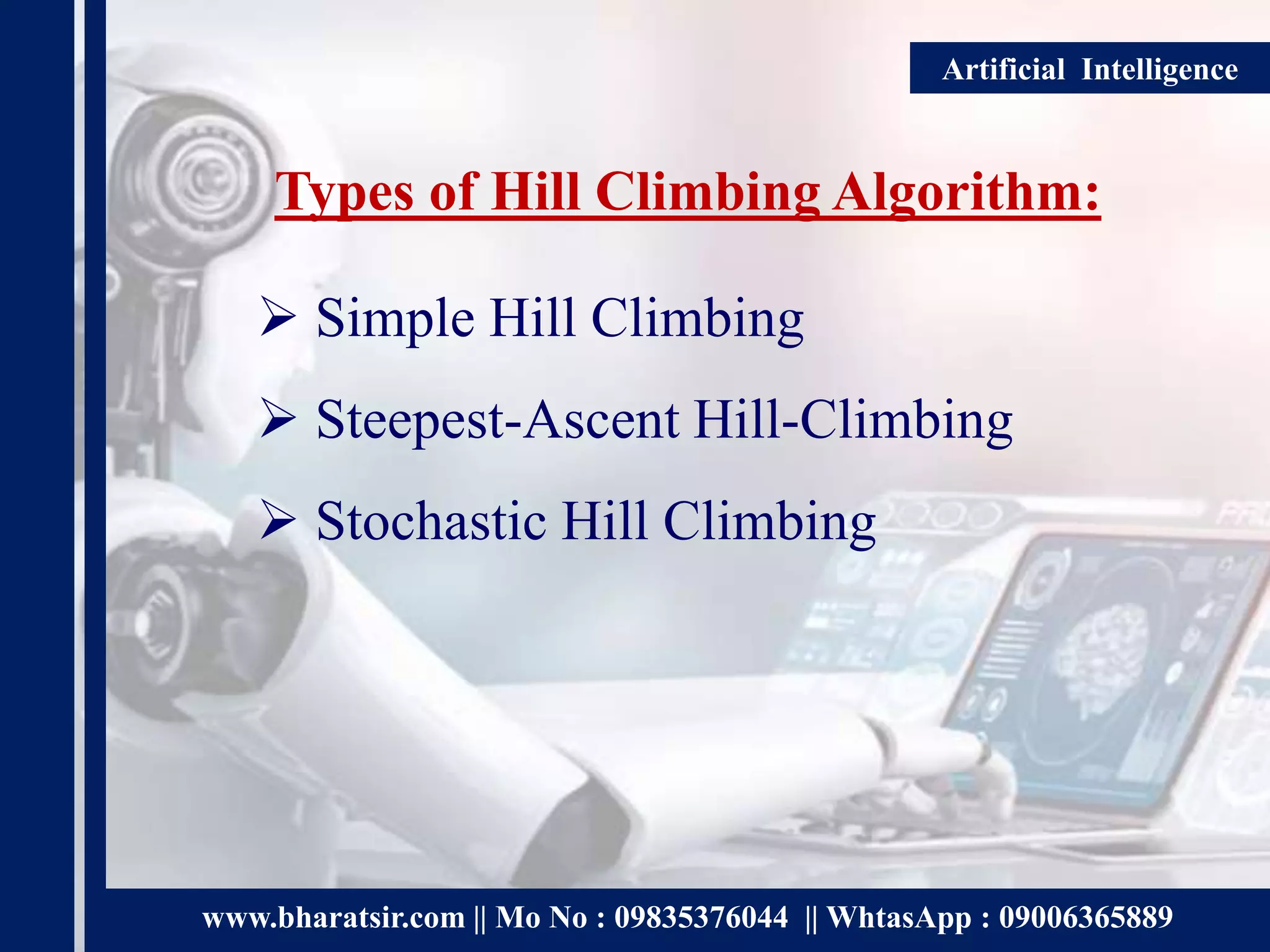 www.bharatsir.com || Mo No : 09835376044 || WhtasApp : 09006365889
Artificial Intelligence
Types of Hill Climbing Algorithm:
 Simple Hill Climbing
 Steepest-Ascent Hill-Climbing
 Stochastic Hill Climbing
 