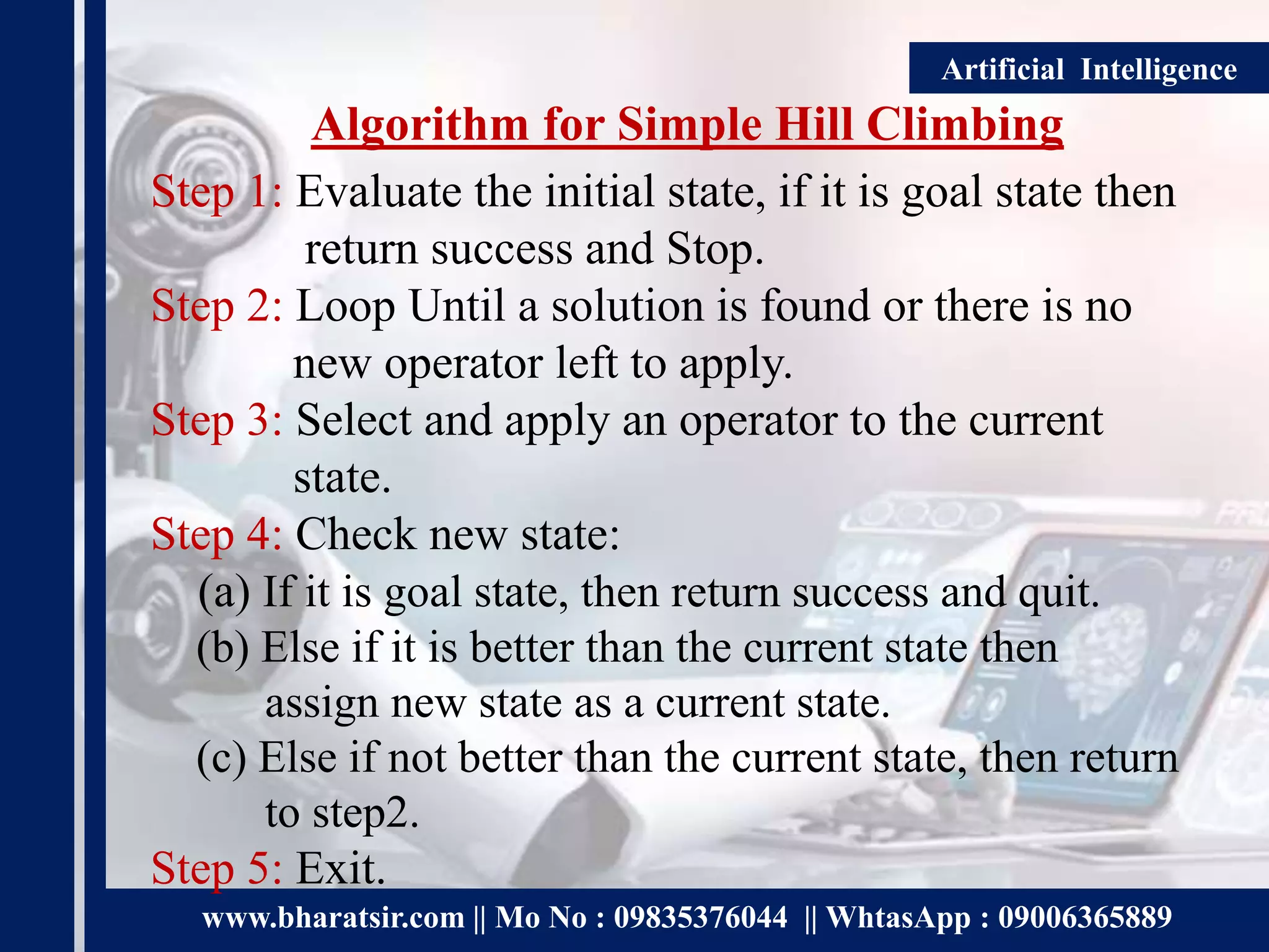 Hill Climbing Algorithm in Artificial Intelligence | PPTX