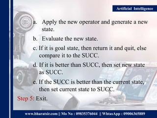 www.bharatsir.com || Mo No : 09835376044 || WhtasApp : 09006365889
Artificial Intelligence
a. Apply the new operator and generate a new
state.
b. Evaluate the new state.
c. If it is goal state, then return it and quit, else
compare it to the SUCC.
d. If it is better than SUCC, then set new state
as SUCC.
e. If the SUCC is better than the current state,
then set current state to SUCC.
Step 5: Exit.
 