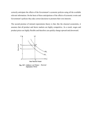 correctly anticipate the effects of the Government’s economic policies using all the available
relevant information. On the basis of these anticipations of the effects of economic events and
Government’s policies they take correct decisions to promote their own interests.
The second premise of rational expectations theory is that, like the classical economists, it
assumes that all product and factor markets are highly competitive. As a result, wages and
product prices are highly flexible and therefore can quickly change upward and downward.
 