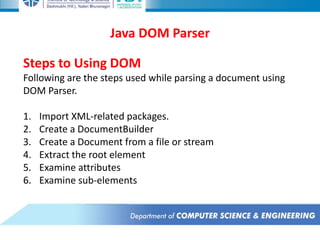 Java DOM Parser
Steps to Using DOM
Following are the steps used while parsing a document using
DOM Parser.
1. Import XML-related packages.
2. Create a DocumentBuilder
3. Create a Document from a file or stream
4. Extract the root element
5. Examine attributes
6. Examine sub-elements
 