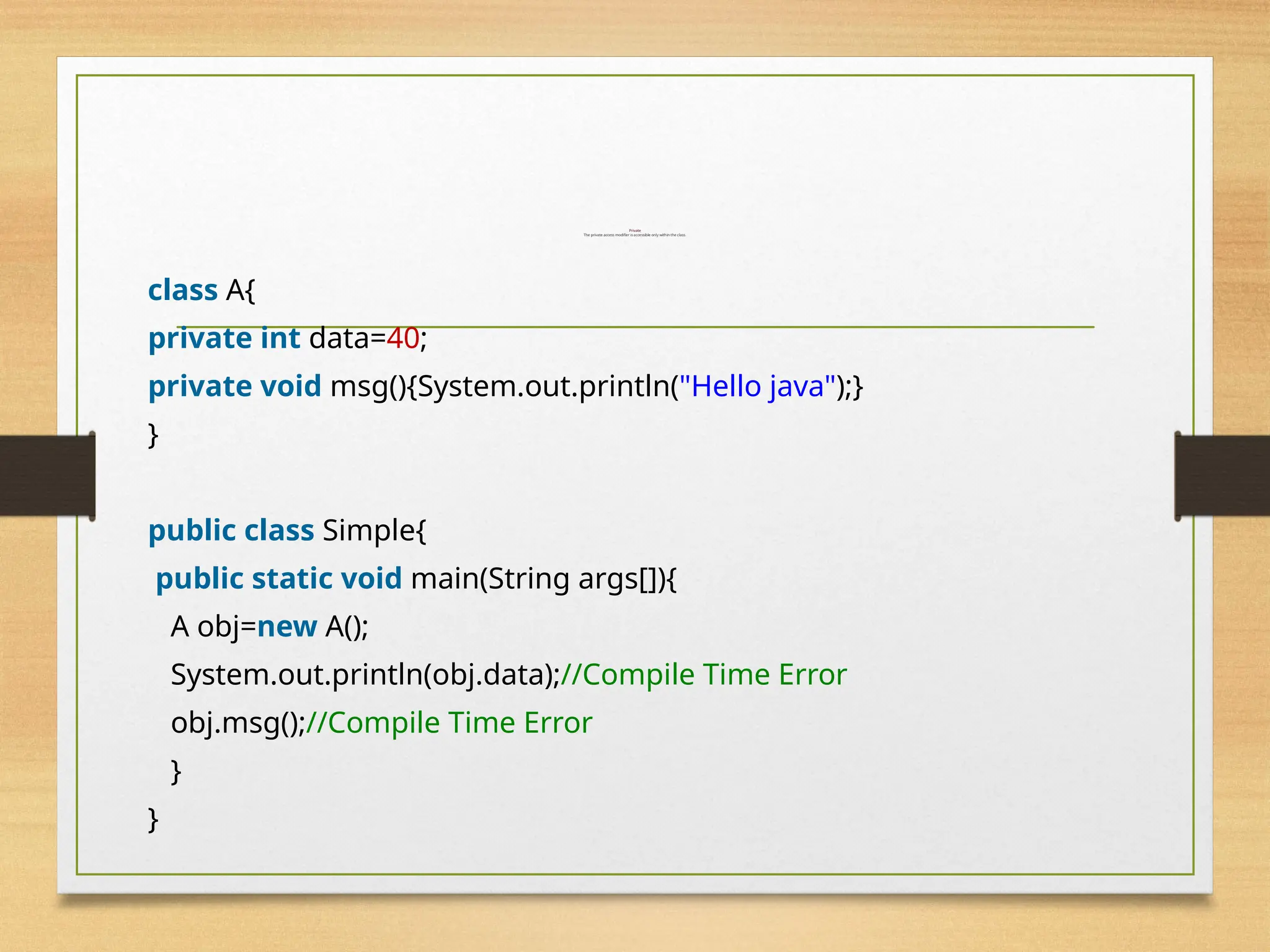 Private
The private access modifier is accessible only within the class.
class A{
private int data=40;
private void msg(){System.out.println("Hello java");}
}
public class Simple{
public static void main(String args[]){
A obj=new A();
System.out.println(obj.data);//Compile Time Error
obj.msg();//Compile Time Error
}
}
 