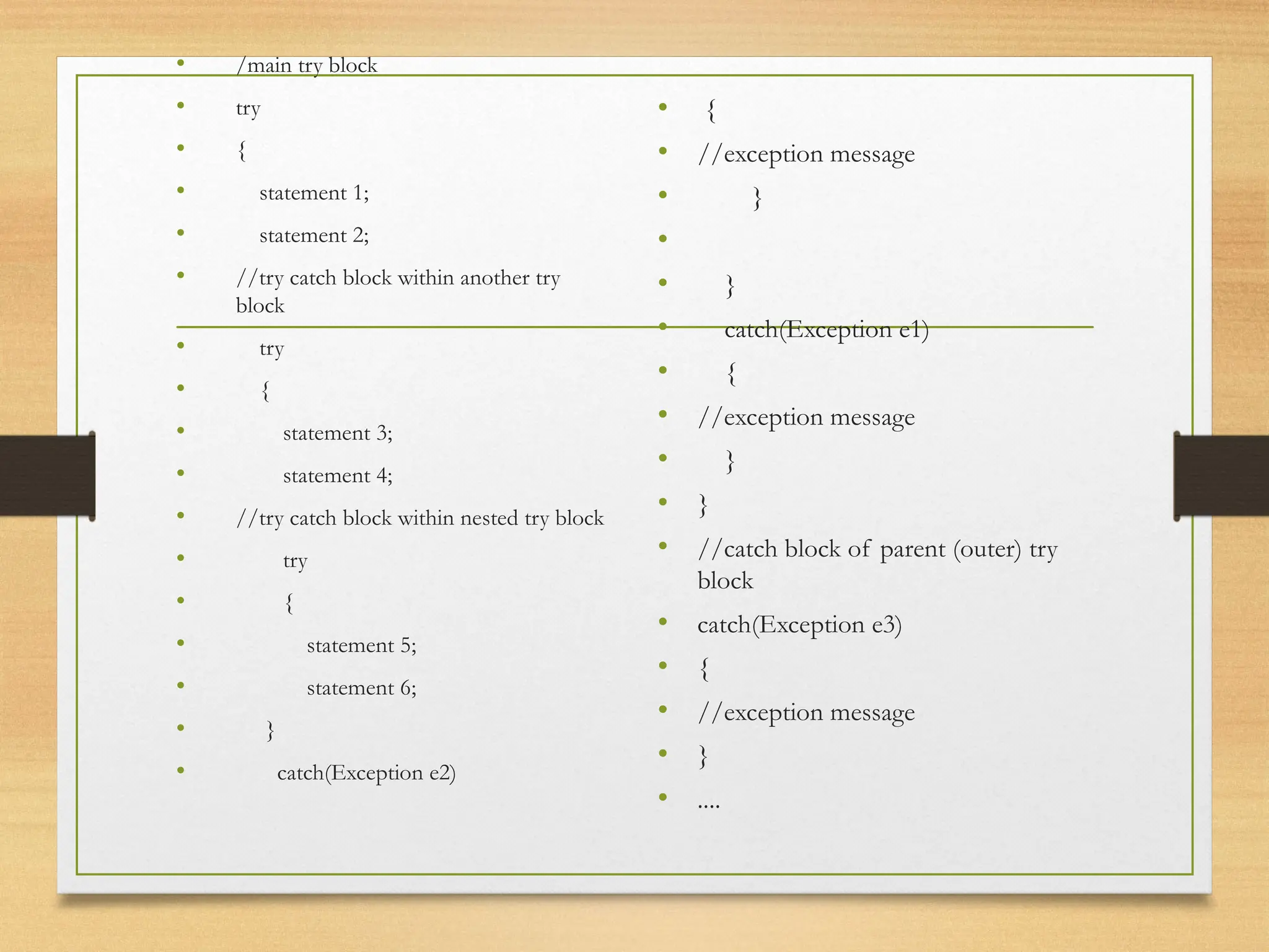 • /main try block
• try
• {
• statement 1;
• statement 2;
• //try catch block within another try
block
• try
• {
• statement 3;
• statement 4;
• //try catch block within nested try block
• try
• {
• statement 5;
• statement 6;
• }
• catch(Exception e2)
• {
• //exception message
• }
•
• }
• catch(Exception e1)
• {
• //exception message
• }
• }
• //catch block of parent (outer) try
block
• catch(Exception e3)
• {
• //exception message
• }
• ....
 