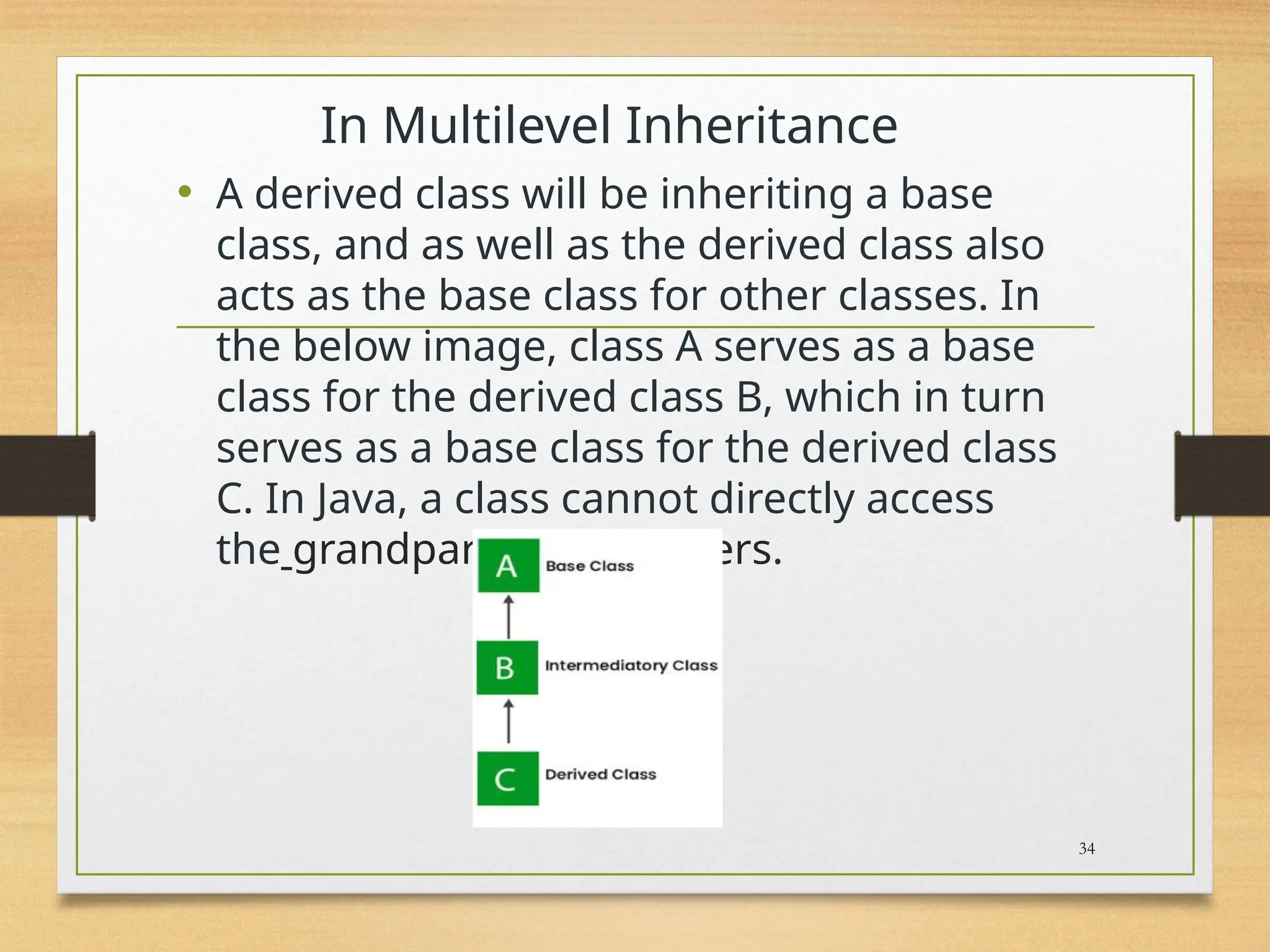 In Multilevel Inheritance
• A derived class will be inheriting a base
class, and as well as the derived class also
acts as the base class for other classes. In
the below image, class A serves as a base
class for the derived class B, which in turn
serves as a base class for the derived class
C. In Java, a class cannot directly access
the grandparent’s members.
34
 
