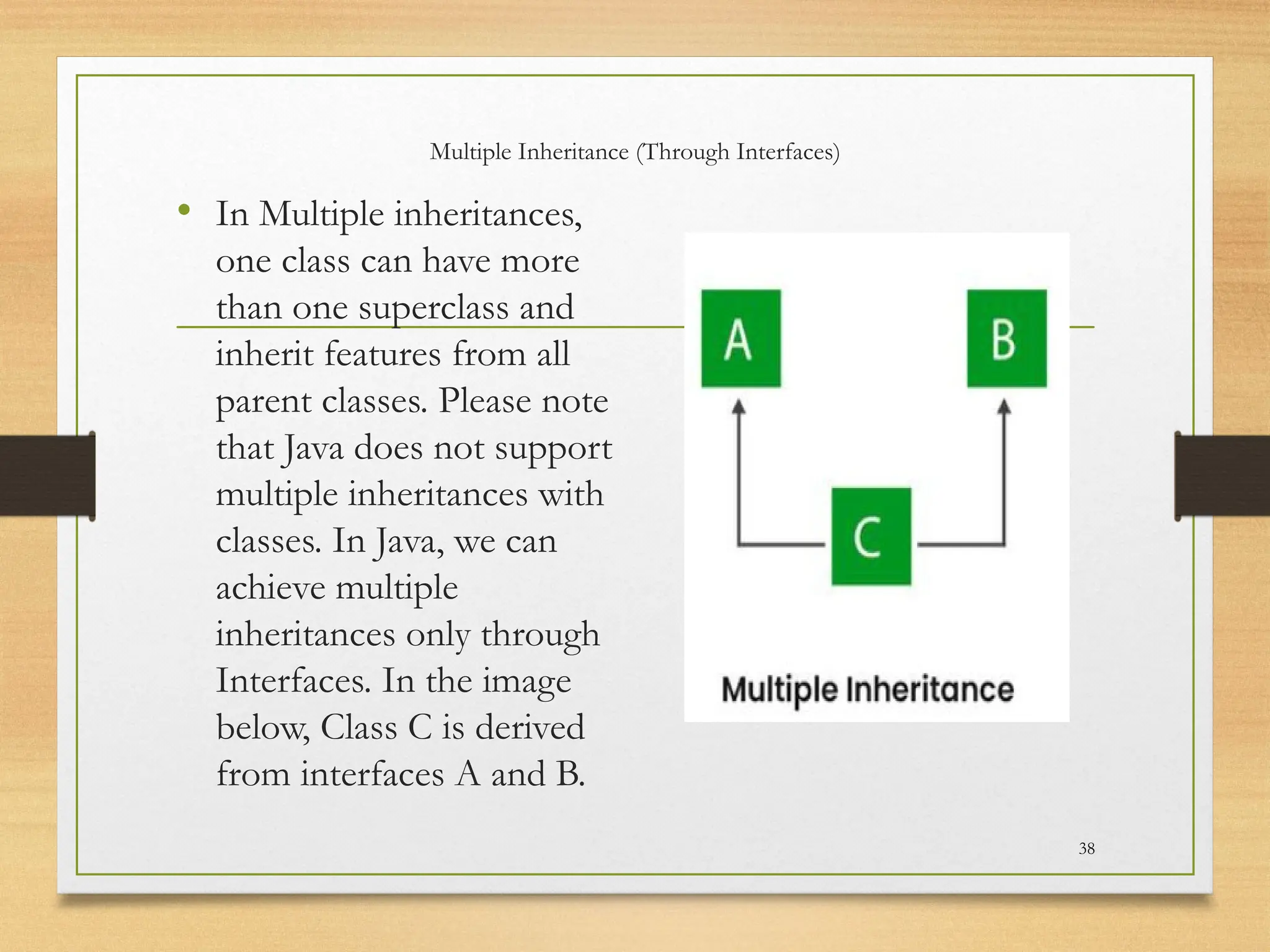 Multiple Inheritance (Through Interfaces)
• In Multiple inheritances,
one class can have more
than one superclass and
inherit features from all
parent classes. Please note
that Java does not support
multiple inheritances with
classes. In Java, we can
achieve multiple
inheritances only through
Interfaces. In the image
below, Class C is derived
from interfaces A and B.
38
 