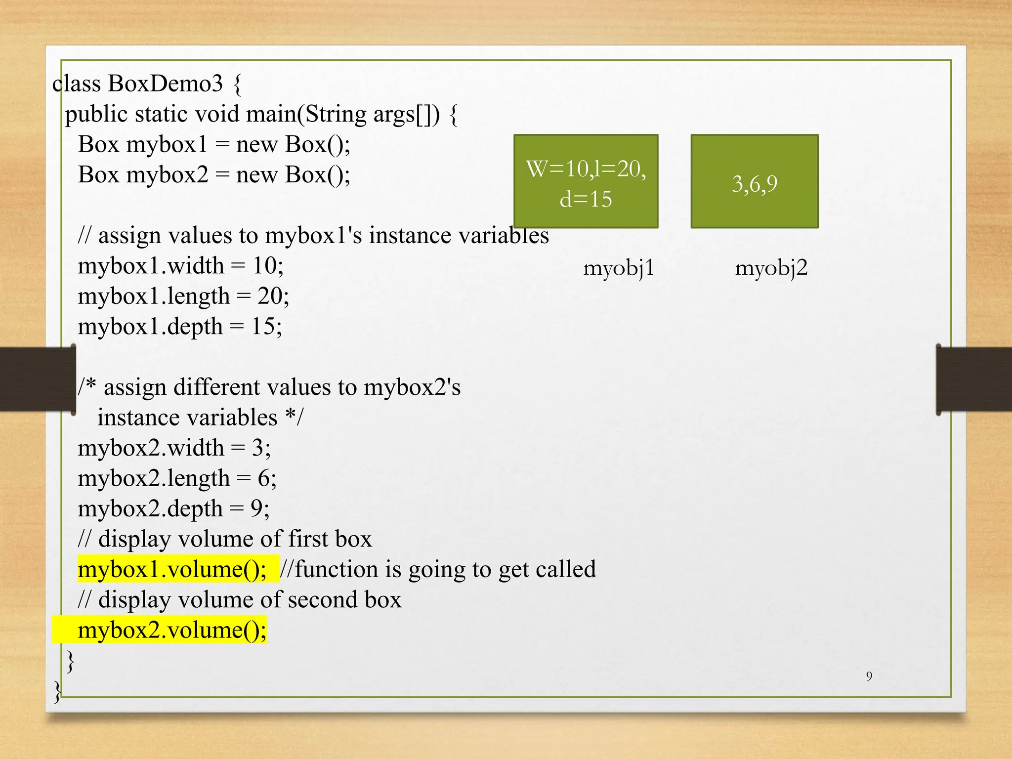 9
class BoxDemo3 {
public static void main(String args[]) {
Box mybox1 = new Box();
Box mybox2 = new Box();
// assign values to mybox1's instance variables
mybox1.width = 10;
mybox1.length = 20;
mybox1.depth = 15;
/* assign different values to mybox2's
instance variables */
mybox2.width = 3;
mybox2.length = 6;
mybox2.depth = 9;
// display volume of first box
mybox1.volume(); //function is going to get called
// display volume of second box
mybox2.volume();
}
}
W=10,l=20,
d=15
3,6,9
myobj2
myobj1
 