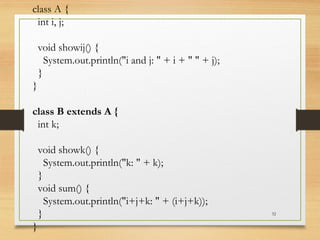 32
class A {
int i, j;
void showij() {
System.out.println("i and j: " + i + " " + j);
}
}
class B extends A {
int k;
void showk() {
System.out.println("k: " + k);
}
void sum() {
System.out.println("i+j+k: " + (i+j+k));
}
}
 